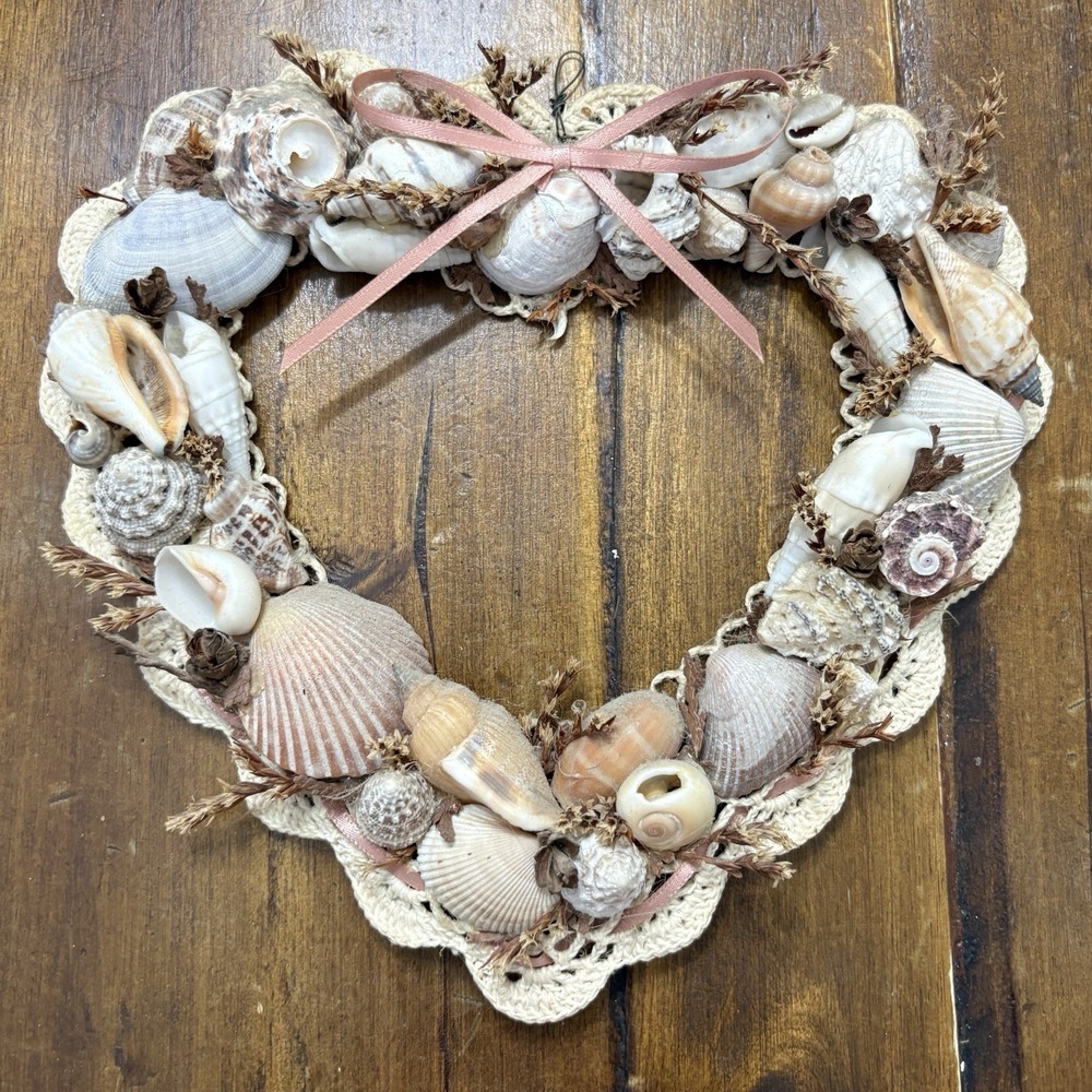 Vtg Handmade Sea Shell Doily Heart Shaped Wall Decor Granny Cottage Beach House